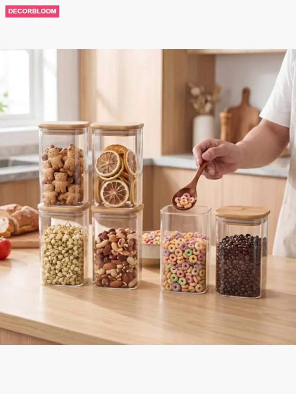 37 Oz Glass Storage Jars with Bamboo Lids – 6 Pack Airtight Square Canisters